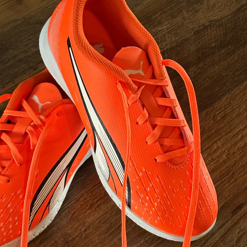 Puma Kids Indoor Soccer Shoes  in Bold Orange and White
